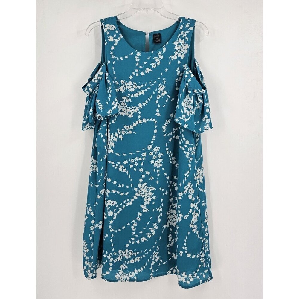 City Streets Womens 14 Cold Shoulder Blue White Floral Lined Dress Ruffle Sleeve